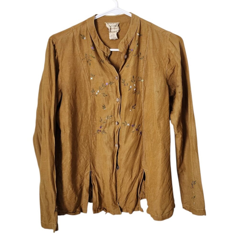 APRIL CORNELL VTG Button Up linen blend tie back‎ blouse in mustard S